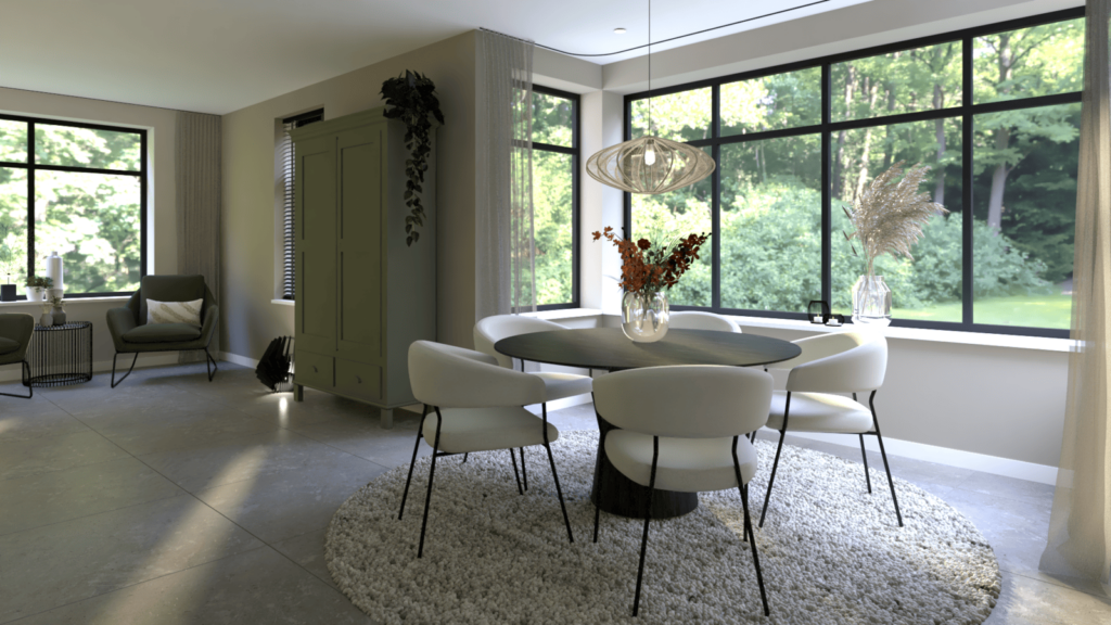 Interieuradvies Nieuw-Amsterdam, styling, 3d Render, visualisatie, Eleonora, tafel, stoelen, vloerkleed, carpet, woonkamer, natuur, lichte woning, vaas, bloemen, interieurontwerp, hoogeveen, Meppel, Drenthe, Overijssel, Groningen, fauteuil, Beilen, Emmen, Ommen, Lemelerveld, schuinesloot