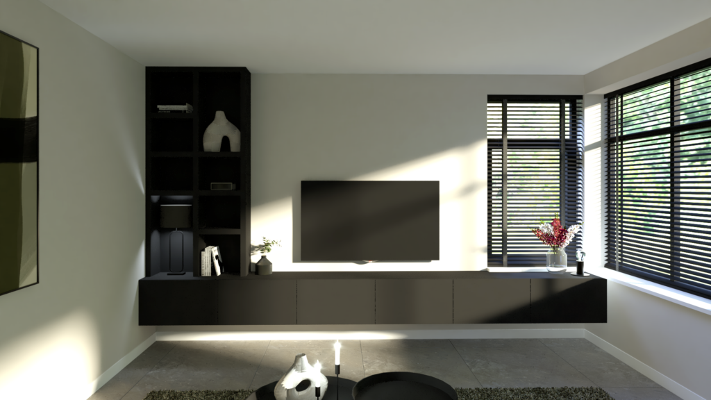 Interieuradvies Nieuw-Amsterdam, styling, 3d Render, visualisatie, Eleonora, tafel, stoelen, vloerkleed, carpet, woonkamer, natuur, lichte woning, vaas, bloemen, interieurontwerp, hoogeveen, Meppel, Drenthe, Overijssel, Groningen, fauteuil, Beilen, Emmen, Ommen, Lemelerveld, schuinesloot