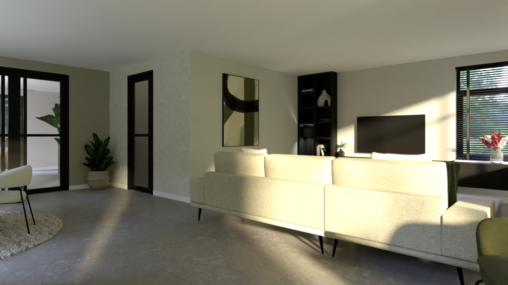 Interieuradvies Nieuw-Amsterdam, styling, 3d Render, visualisatie, Eleonora, tafel, stoelen, vloerkleed, carpet, woonkamer, natuur, lichte woning, vaas, bloemen, interieurontwerp, hoogeveen, Meppel, Drenthe, Overijssel, Groningen, fauteuil, Beilen, Emmen, Ommen, Lemelerveld, schuinesloot