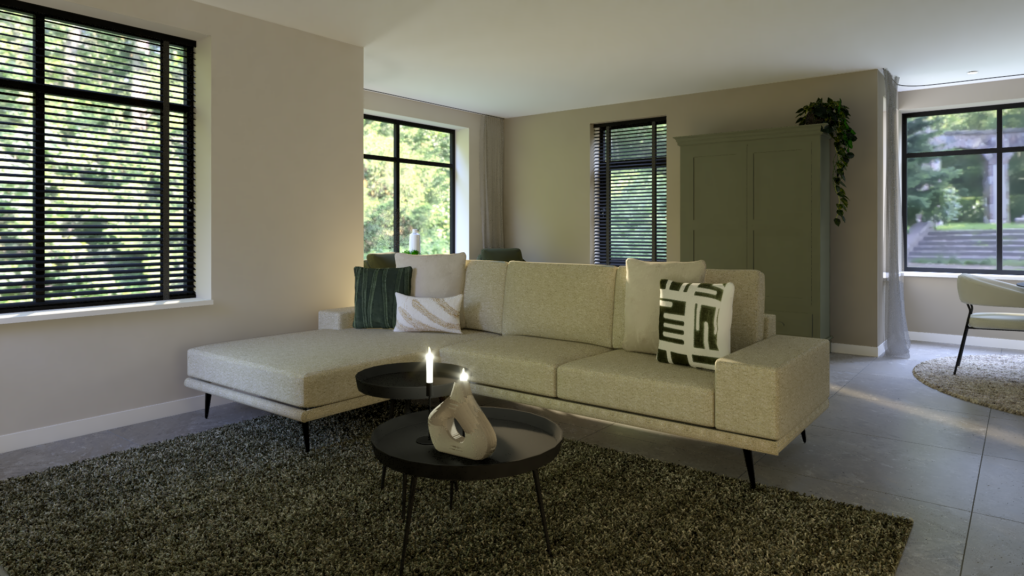 Interieuradvies Nieuw-Amsterdam, styling, 3d Render, visualisatie, Eleonora, tafel, stoelen, vloerkleed, carpet, woonkamer, natuur, lichte woning, vaas, bloemen, interieurontwerp, hoogeveen, Meppel, Drenthe, Overijssel, Groningen, fauteuil, Beilen, Emmen, Ommen, Lemelerveld, schuinesloot