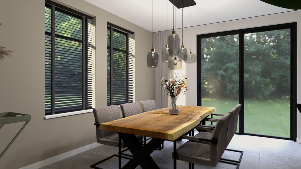 Interieuradvies Nieuw-Amsterdam, styling, 3d Render, visualisatie, Eleonora, tafel, stoelen, vloerkleed, carpet, woonkamer, natuur, lichte woning, vaas, bloemen, interieurontwerp, hoogeveen, Meppel, Drenthe, Overijssel, Groningen, fauteuil, Beilen, Emmen, Ommen, Lemelerveld, schuinesloot