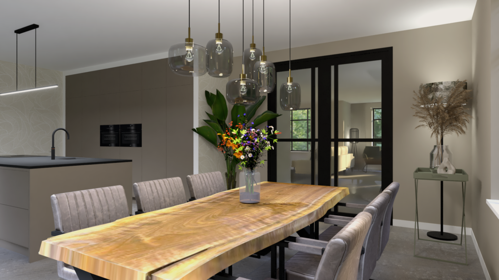 Interieuradvies Nieuw-Amsterdam, styling, 3d Render, visualisatie, Eleonora, tafel, stoelen, vloerkleed, carpet, woonkamer, natuur, lichte woning, vaas, bloemen, interieurontwerp, hoogeveen, Meppel, Drenthe, Overijssel, Groningen, fauteuil, Beilen, Emmen, Ommen, Lemelerveld, schuinesloot