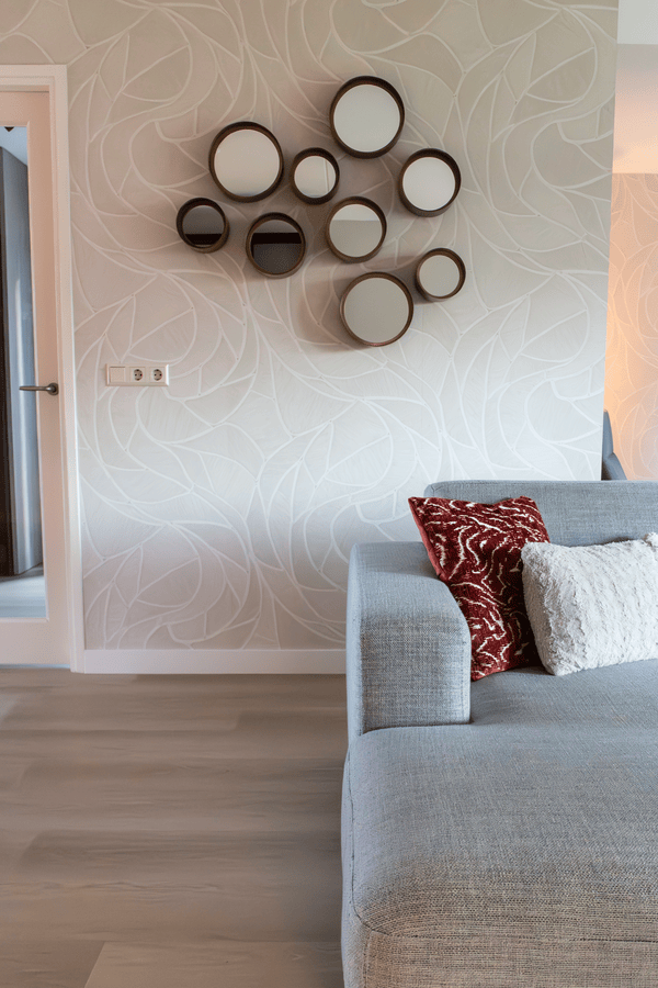 Uitgebreid interieuradvies Schuinesloot Overijssel ontwerp, bank, poef, Arte behang, styling, interieuradvies, interieurontwerp