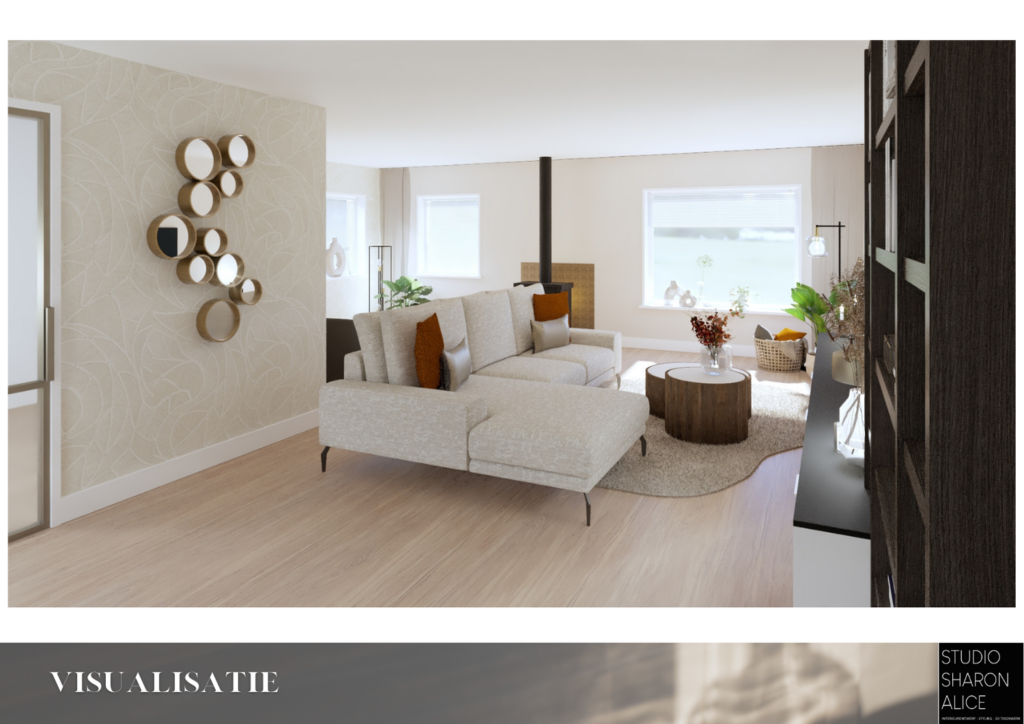 Uitgebreid interieuradvies Schuinesloot Overijssel ontwerp, bank, poef, Arte behang, styling, interieuradvies, interieurontwerp