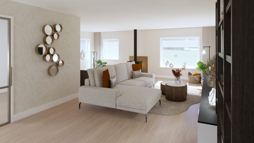 Uitgebreid interieuradvies Schuinesloot Overijssel ontwerp, bank, poef, Arte behang, styling, interieuradvies, interieurontwerp